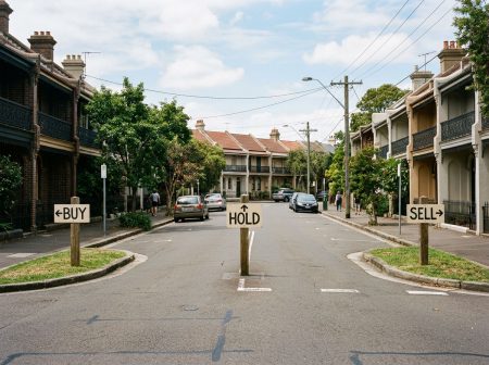 magnific a fork in the road with signs buy sell hold related to real estate in sydney